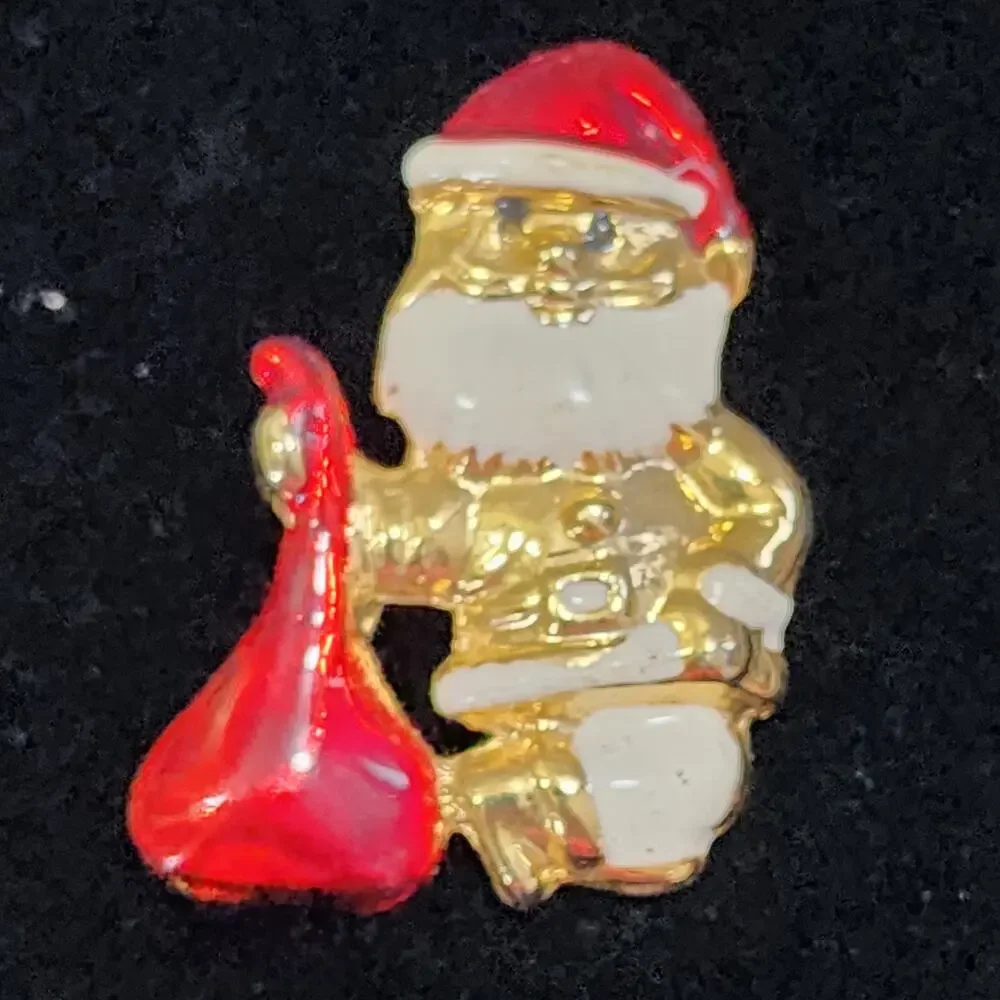 Santa Claus Carrying Toy Bag Brooch Gold Toned Red-White Enamel Detail Vintage
